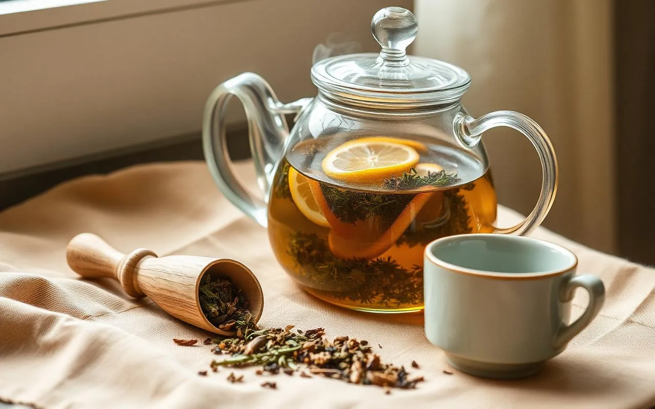 Glazen theepot met losse kruidenmelange en citroen, warm geserveerd op linnen, ambachtelijke thee van Een Bundel Geluk