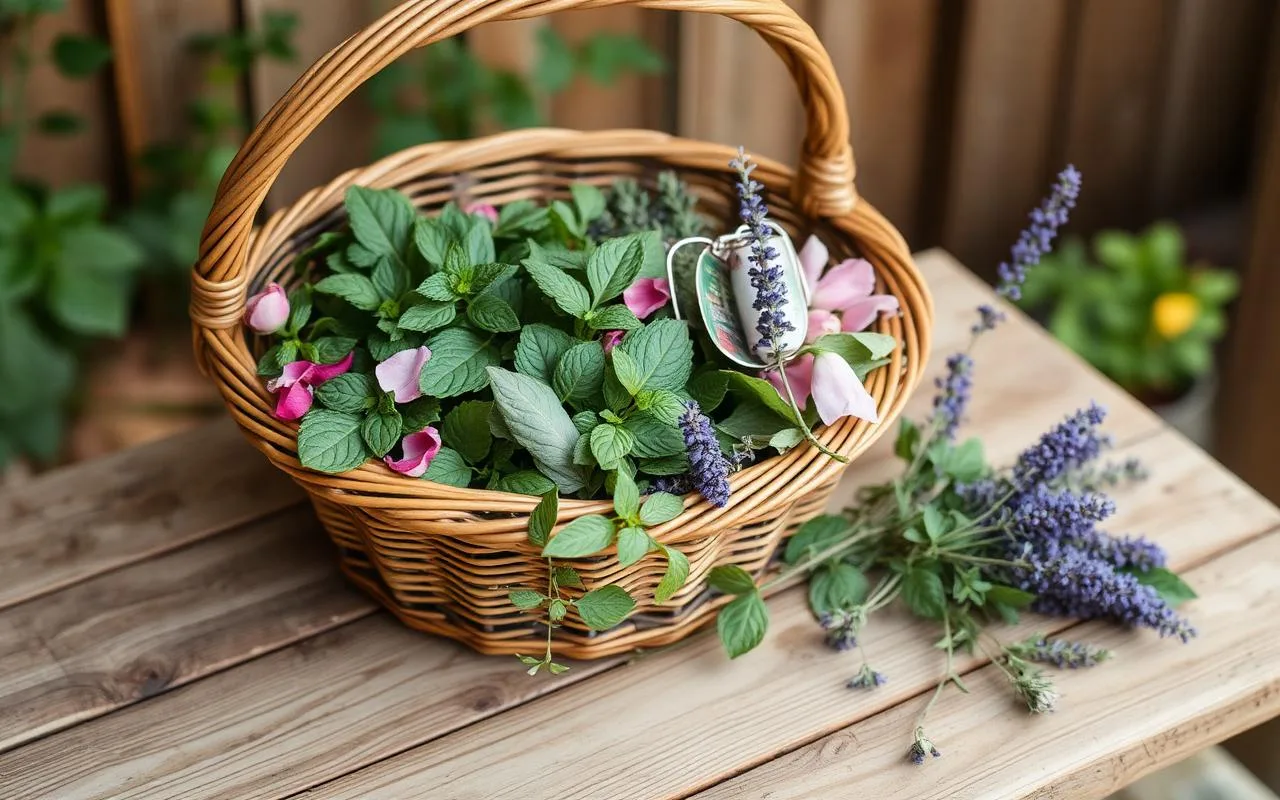 Mand met versgeplukte kruiden, rozenblaadjes en lavendel uit de moestuin van Een Bundel Geluk in Enkhuizen